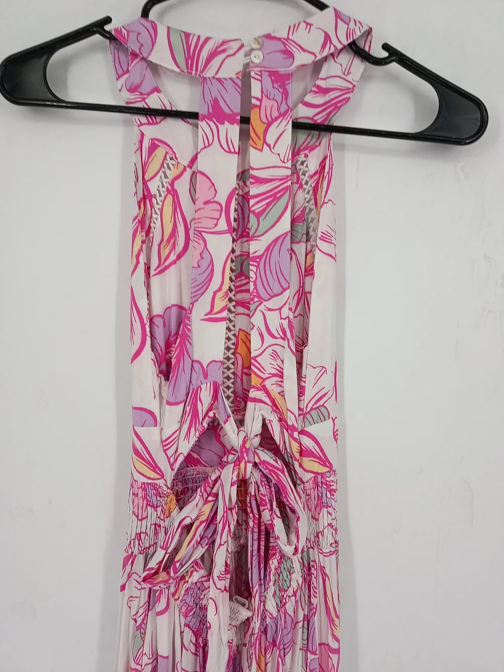 Sleeveless Pink Floral Halter Maxi Dress with Smocked Waistband